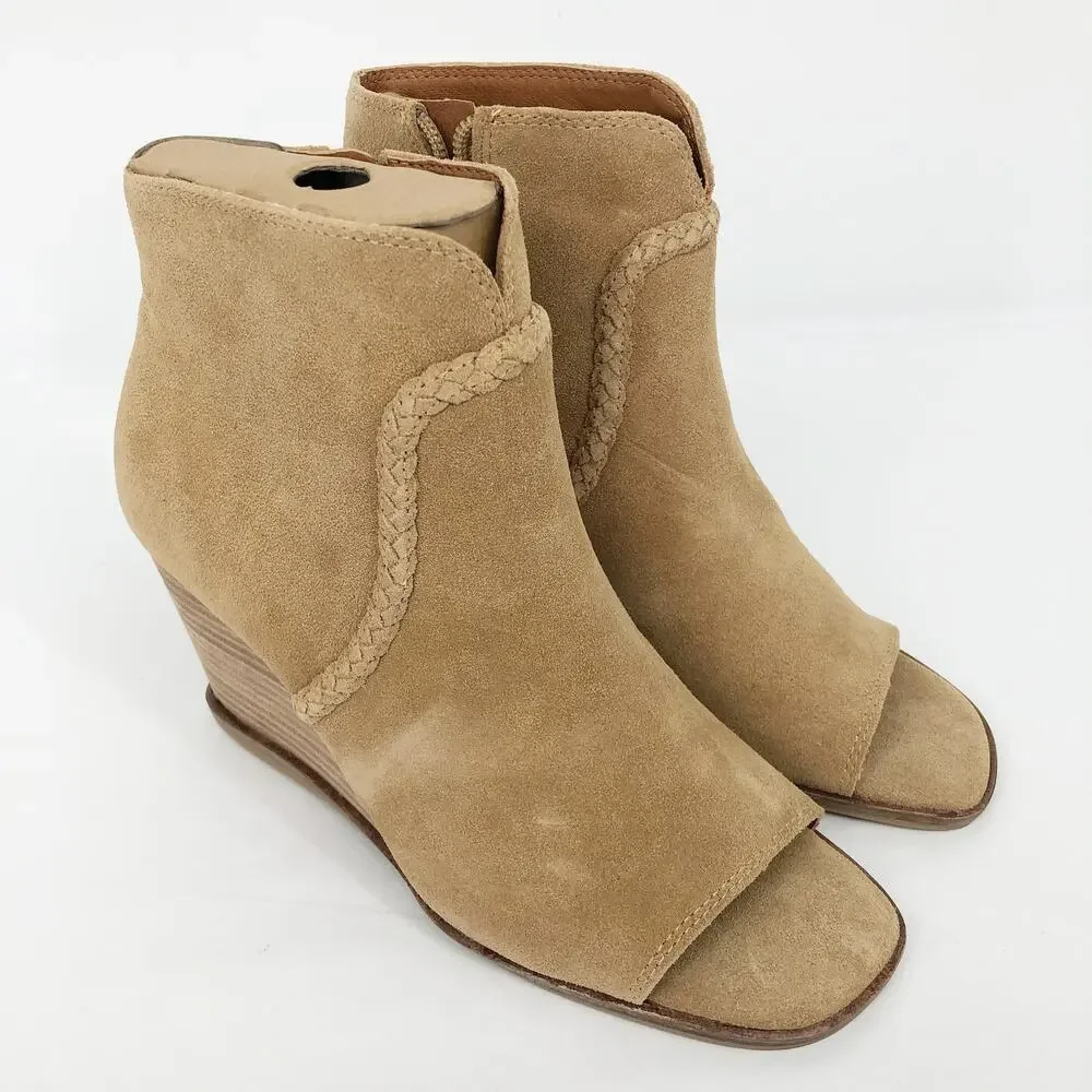 Lucky Brand Womens Lureli Wedge Booties Size 7.5 Tan Peep Toe Suede NWOB